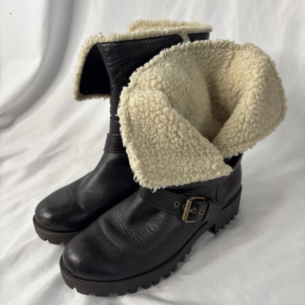 Nine West Women's 8.5 Olwyn Motorcycle Ankle Brown Leather Boots with Shearling